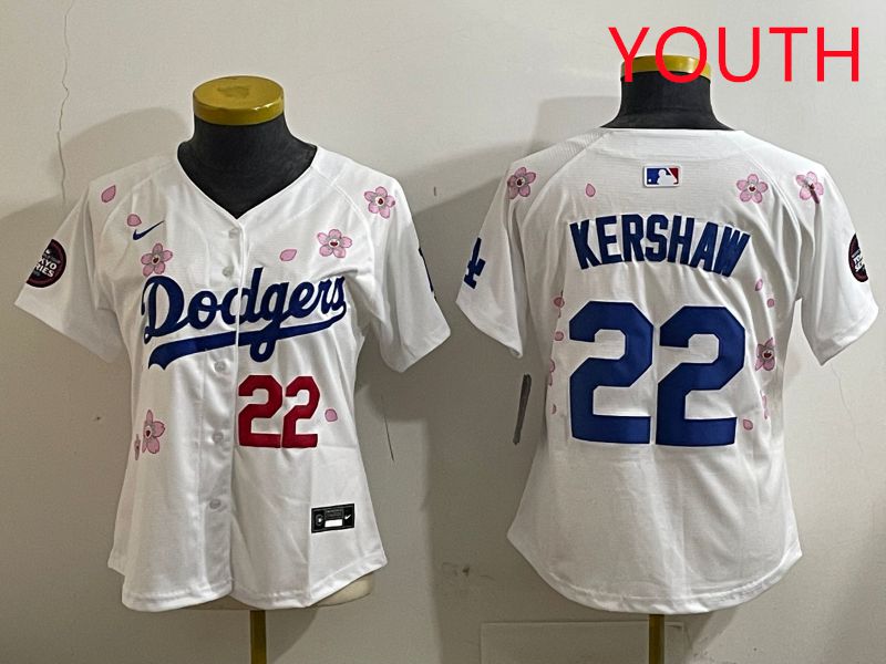 Youth Los Angeles Dodgers #22 Kershaw White Sakura Edition 2025 Nike MLB Jersey style 2->youth mlb jersey->Youth Jersey